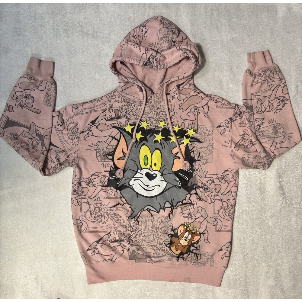 Tom and Jerry Women’s Pink Graphic Print Pullover Hoodie Sweatshirt Size S